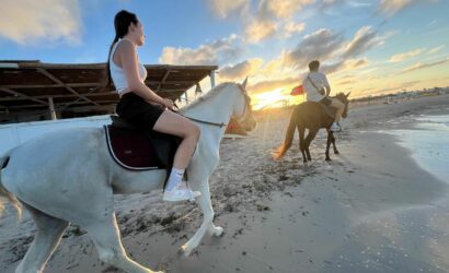 Un couple se laisse emporter par la magie d'une promenade à cheval sur les plages de Djerba, sous un ciel aux couleurs du coucher du soleil. Entre l'air frais, le climat agréable et la beauté du paysage, ils savourent chaque instant de tranquillité et de complicité .